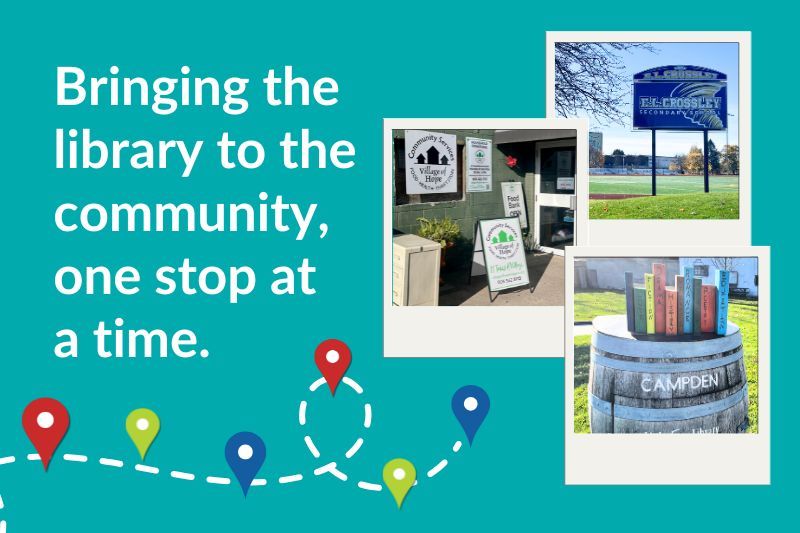 Bringing the library to the community, one stop at a time. Photos of the Little Free Library in Campden, the field at EL Crossley Secondary School, and the entrance to the Village of Hope Foodbank.