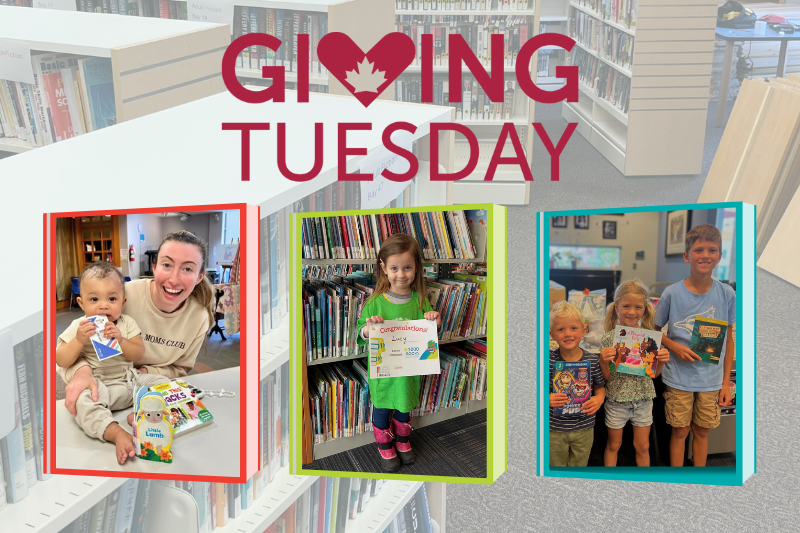GivingTuesday icon and photos of a mother and child baby with books, and other children holding books