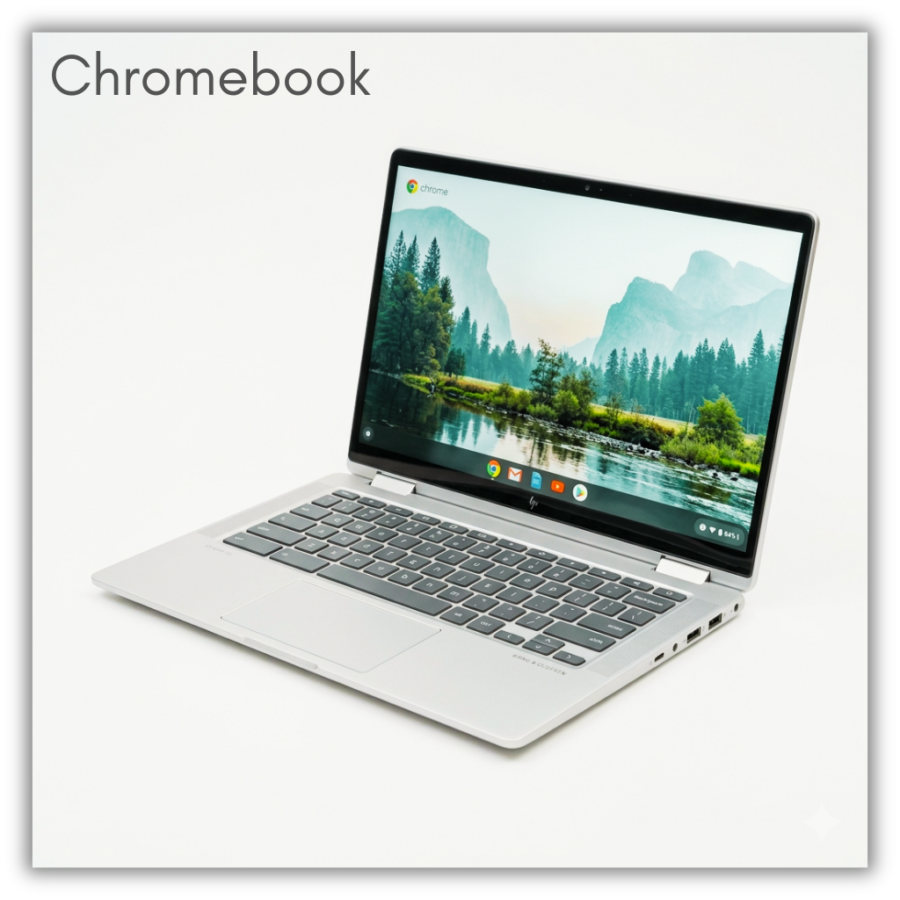 Chromebook. There are two types. One is for use within the library and the other can be taken home for two weeks and is holdable. Chromebooks that can be taken out of the library can only be checked out to LPPL resident cardholders. AI generated image.
