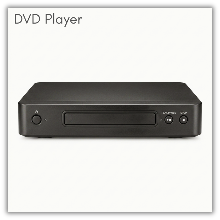 DVD Player. Holdable. Can be borrowed for two weeks. Can be delivered to any LPPL location. AI generated image.