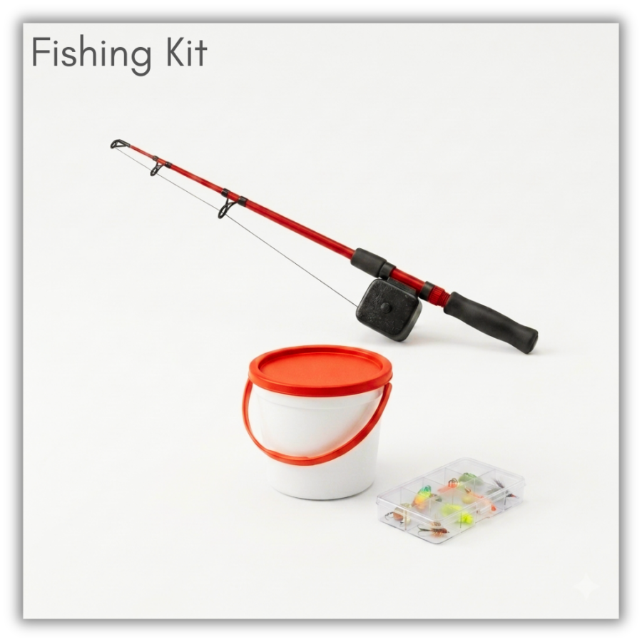 Fishing Rod, Bait Box and Tackle Box. Holdable. Can be borrowed for two weeks. Cannot be delivered to other locations. AI generated image.