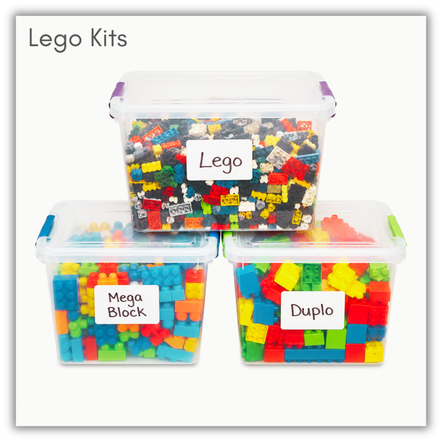 Lego, Duplo, Mega Block. Holdable. Can be borrowed for two weeks. Can be delivered to any LPPL location. AI generated image.
