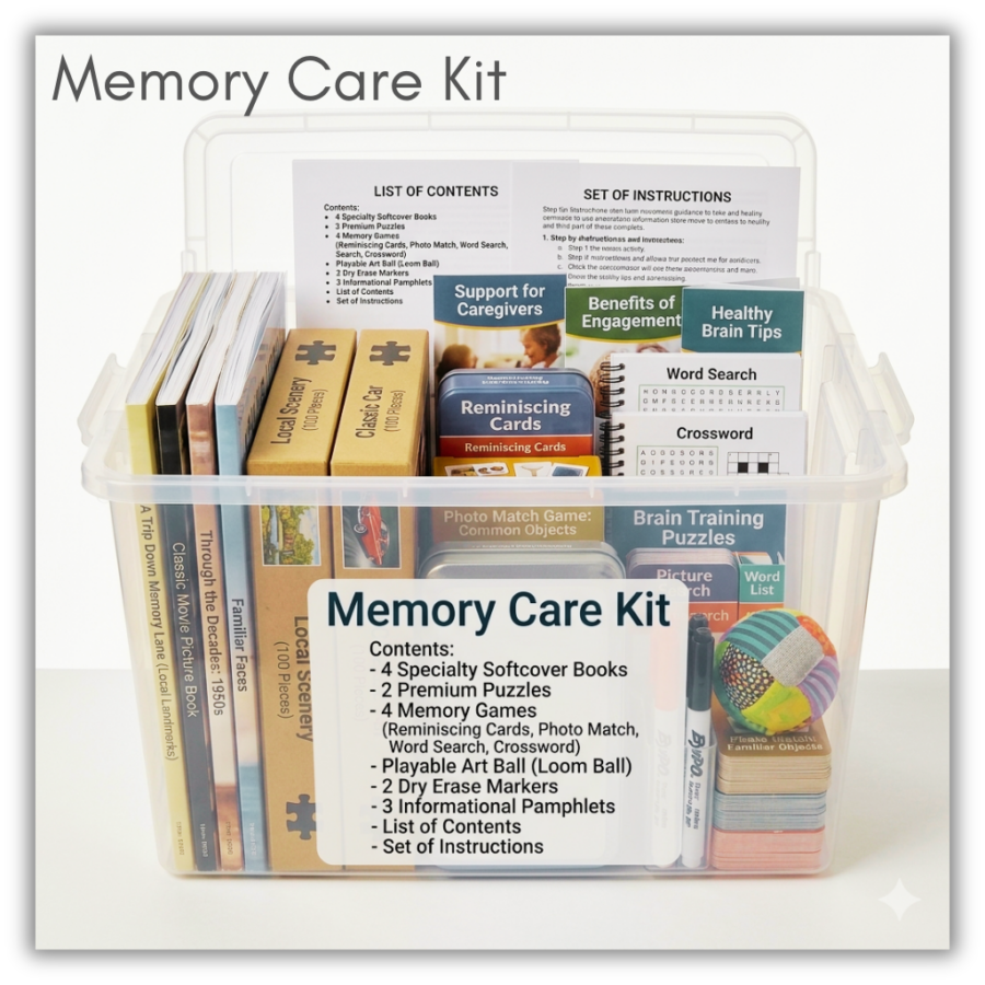 Memory Care Kits. Holdable. Can be borrowed for two weeks. Cannot be delivered to other locations. AI generated image.