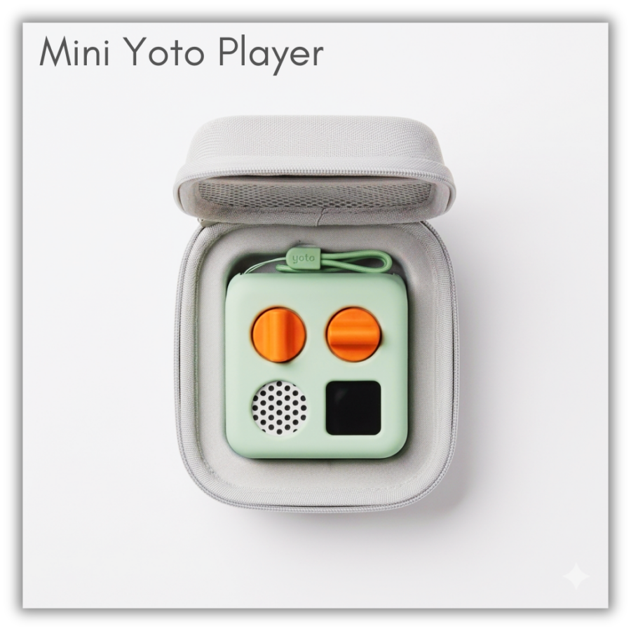 Mini Yoto Player. Holdable. Can be borrowed for two weeks. Can be delivered to any LPPL location.  AI generated image.