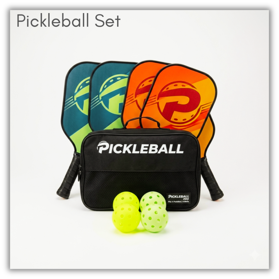Pickleball Set. Holdable. Borrows for two weeks. Can be delivered to any LPPL location. AI generated image.