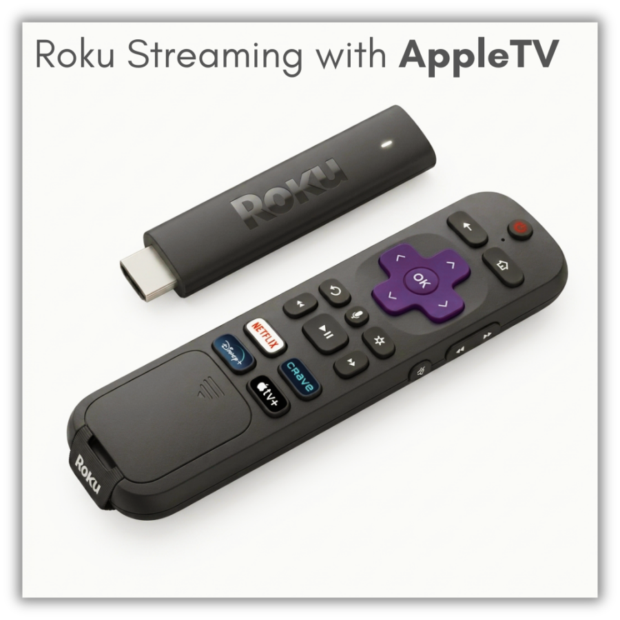 Roku Streaming Stick with AppleTV installed. Holdable. Borrows for two weeks. Can be delivered to any LPPL location.