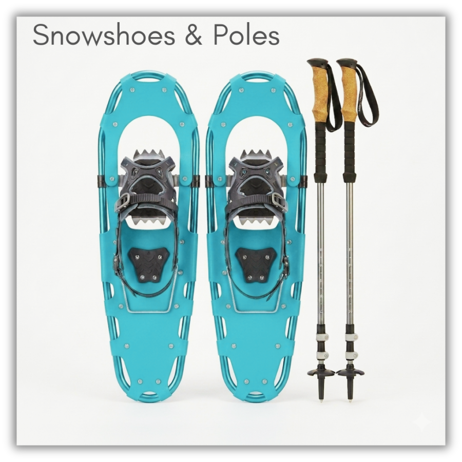 Snowshoes and Poles. Holdable. Borrows for two weeks. Can be delivered to any LPPL locations. AI generated image.