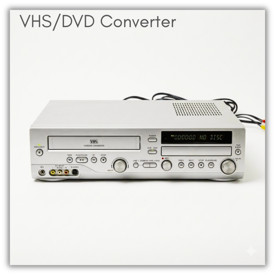VHS/DVD Converter. Holdable. Borrows for two weeks. Can be delivered to any LPPL locations. AI generated image.