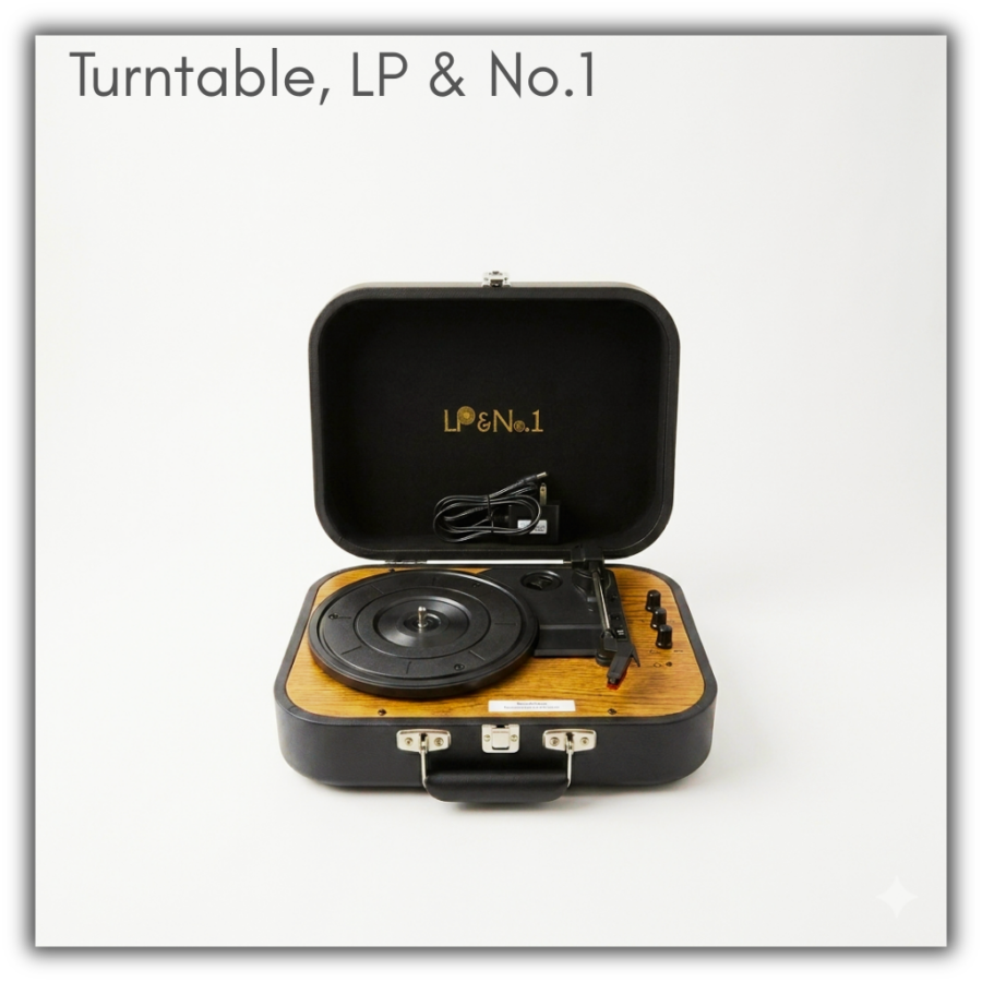 LP & No.1 Turntable. Holdable. Can be borrowed for two weeks. Cannot be delivered to other locations. AI generated image.
