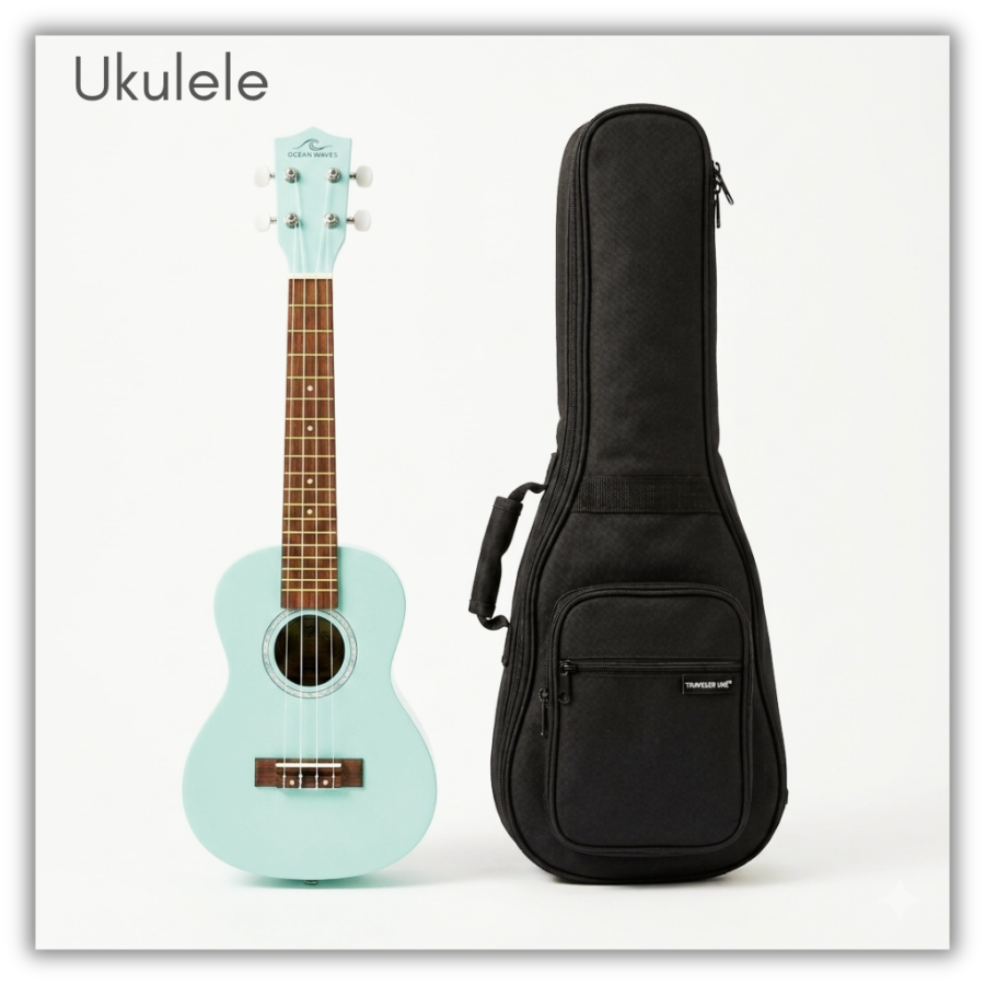 Ukulele. Holdable. Borrows for two weeks. Cannot be delivered to other LPPL locations. AI generated image.