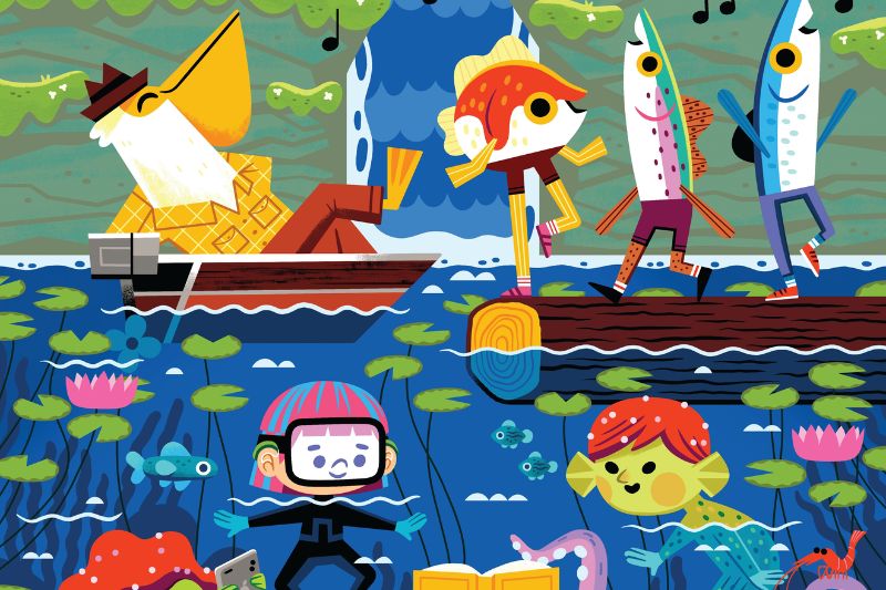 A graphic showing aquatic animals reading.