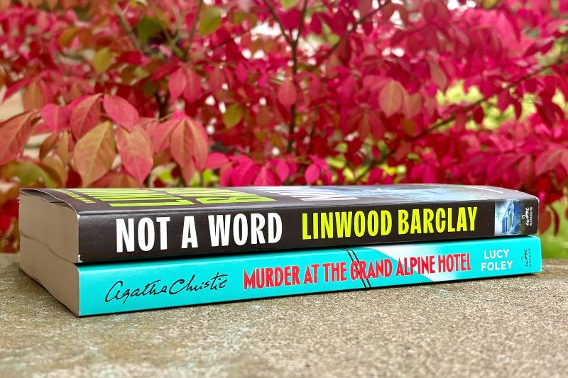 A book spin that reads: Not a Word, Linwood Barclay stacked on another spine that reads: Agatha Christie, Murder at the Grand Alpine Hotel, Lucy Foley